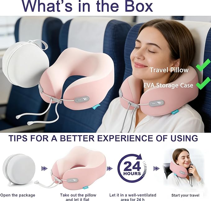 Kids Travel Pillow - Memory Foam Soft Airplane Neck Pillow for Head Neck Support,Compact Design with Hard Case,for Airplane,Car,Home Recliner,or Toddler Travel Support (Kids Pillow-Pink)