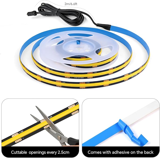 6PCS 12V Black COB LED Strip Lights 6.56Ft 4000K with Touch Dimmable Switch | LED Recessed Lighting Kit Self-Adhesive LED Uner Cabinet Light for Wood Slat Wall Panels Headboards Shelves