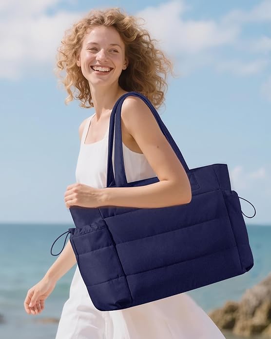 LOVEVOOK Tote Bag for Women with Giant Tumbler Holder Pocket, Puffer Work Travel Laptop Handbag with Zipper for Nurse Teacher