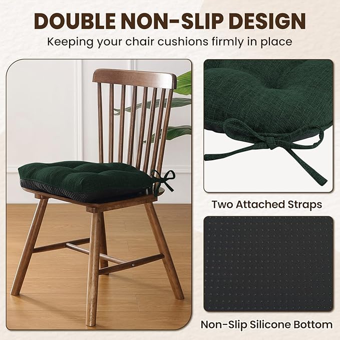 downluxe Indoor Chair Cushions for Dining Chairs, Tufted Overstuffed Textured Kitchen Chair Pads with Ties and Non-Slip Backing, 15.5" x 15.5" x 4", Dark Green, 4 Pack