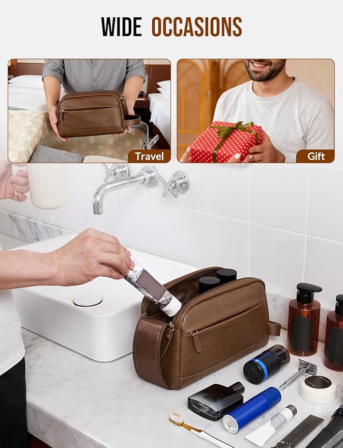 PU Leather Toiletry Bag for Men - Water Resistant Travel Bag for Toiletries, Bathroom Essentials, Accessories - Brown