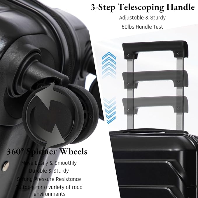 2-Piece ABS Hard Shell Lightweight Carry-On Luggage Set (14" & 20"), 360-Degree Spinner Wheels, Adjustable Telescopic Handle and Combination Lock for Travel, Black