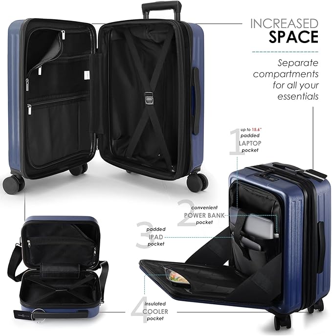 20 Inch Carry On Luggage 22x14x9 Airline Approved, Carry On Suitcase with Wheels, Hard-shell Carry-on Luggage, Durable Luggage Carry-On, Navy Small Suitcase with Cosmetic Case