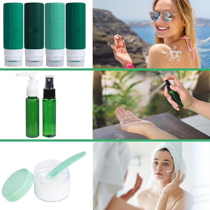 GLAMFIELDS Travel Bottles for Toiletries,TSA Approved 3.3oz Size LeakProof Silicone Toiletry Containers for Shampoo, Conditioner,Easy to Squeeze，Portable Travel Essentials for Lotion(18 Pack) Green