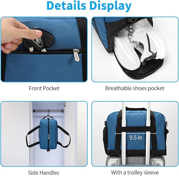 Small Gym Bag 14 inch lightweight Carry On Mini Duffel Bag with Shoe Compartment for Travel Sport - Blue