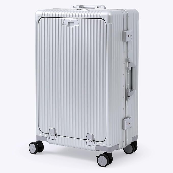 Nobl Travel Zipperless Check In Suitcase - Aluminum Frame, Medium Check In luggage 27x17.5x10.4 Airline Approved by Noble Travel - Polycarbonate Shell - TSA Locks, 360° Spinner Wheels - Silver