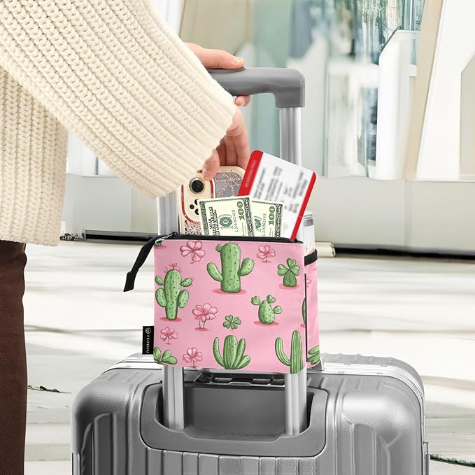 Pink Cacti Shamrock and Clovers Luggage Cup Holder Travel Portable Free Hand Drink Carrier Suitcase Drinks Beverage Holder Carry-On Bottle Mug Holder Organizer Bag Travelers Accessories