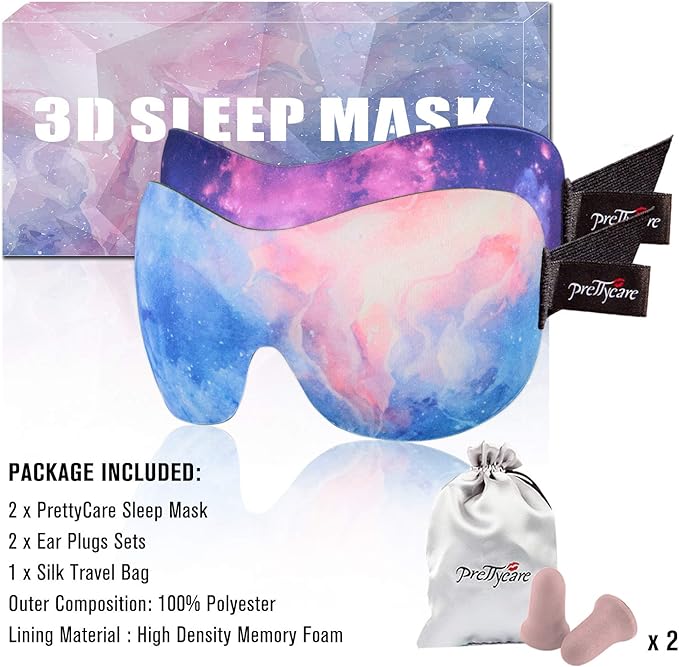 PrettyCare 3D Sleep Mask 2 Pack,Eye Mask for Side Sleeper -3D Contoured Sleeping Mask with Light Blocking for Women- No Eye Pressure Blindfold Night Masks with Ear Plugs & Travel Bag (Black& Fire)