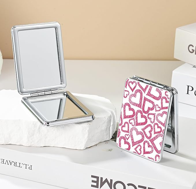Pocket Mirror, Small Travel Mirror with Magnification, Portable Double-Sided Magnifying Cosmetic Mirror for Daily (Love)