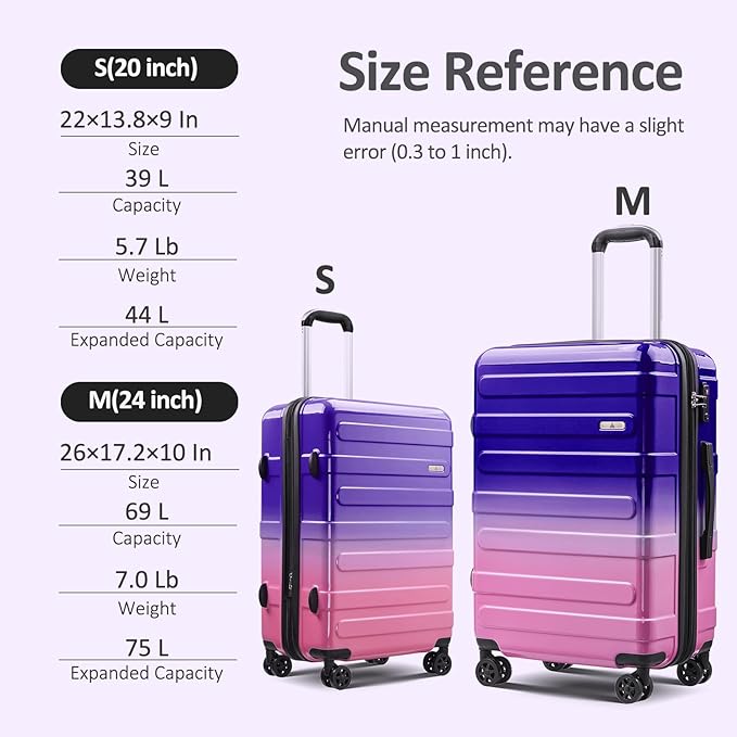 Carry on Luggage 2 Sets(20in/24in) with Spinner Wheels, Lightweight PC+ABS Hard Shell Suitcases, Expandbale Storage & TSA Aprovel Lock