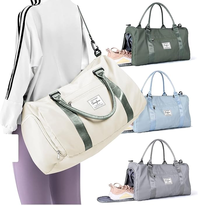 Weekender Duffel Bags for Women & Men - Airplane Travel Totes with Wet Pocket & Shoe Compartment - Labor & Delivery Hospital Bag, Beige Green