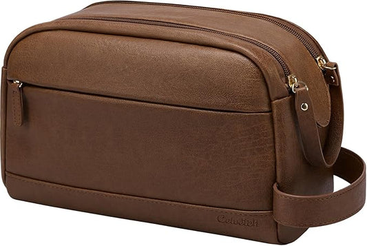 PU Leather Toiletry Bag for Men - Water Resistant Travel Bag for Toiletries, Bathroom Essentials, Accessories - Brown