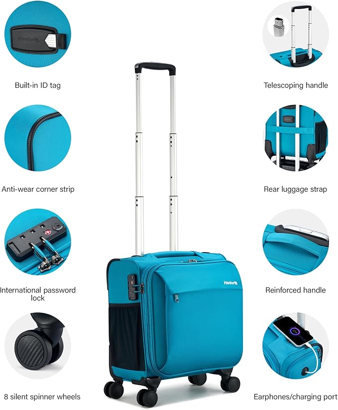 Hanke 16 Inch Underseat Carry On Luggage with Wheels Small Suitcase Softside Luggage Bags for Travel Lightweight Suitcases with Wheels Travel Luggage Personal Item for Men and Women(Caribbean Blue)