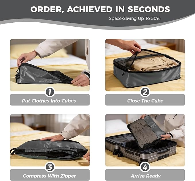 8-Piece Compression Packing Cubes for Travel, Ultralight Luggage Organizer Set with Double Zipper, Space Saving for Suitcase & Carry-On, Ideal for Business Trip Weekend Getaway - Gray