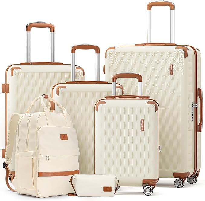 Melalenia Suitcase Sets 6 Piece Hard Shell Carry on Luggage with Spinner Wheels and TSA Lock, Lightweight Travel Backpack for Women, Beige Brown