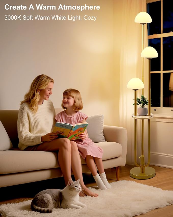 Lightdot Gold Dimmable Floor Lamp with Table, Modern Floor Lamps for Living Room 3000K Warm Bulbs Included Tall Standing Lamp with Mushroom Shades with 5Lbs Heavy Base for Sofa Beside/Corner Decor