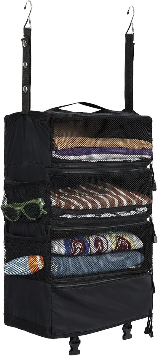 Surblue Travel Hanging Luggage Organizer Portable Suitcase Closet Organizer Multiple Compartments Collapsible Compression Packing Cubes Shelf, Black, M