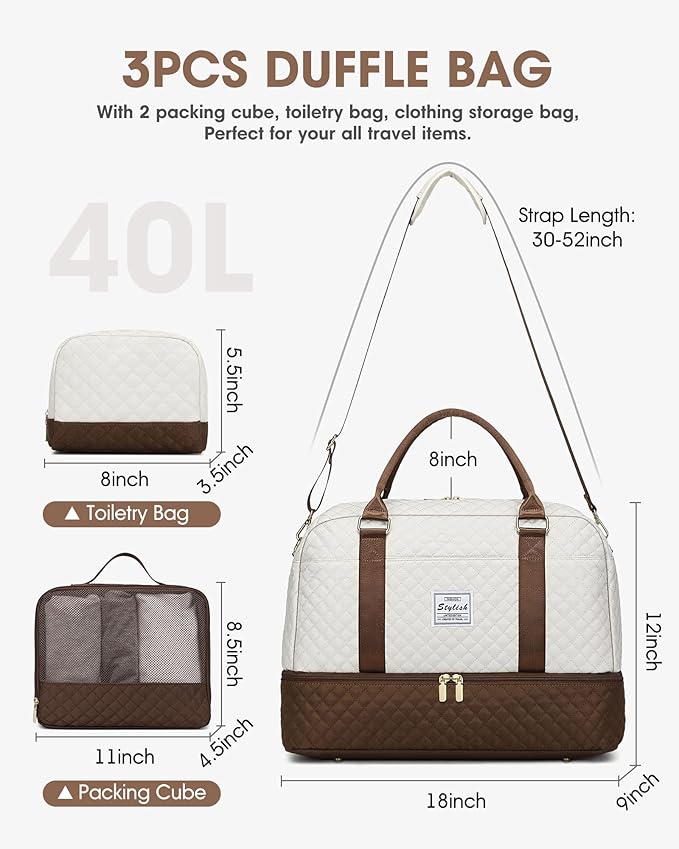 Weekender Travel Duffle Bag for Women: Overnight Bags with Shoe Compartment Carry on duffel Bag for Airplanes with 2 PCS Toiletry Bags Weekend Yoga Gym Hospital Bag with Wet Pocket Brown
