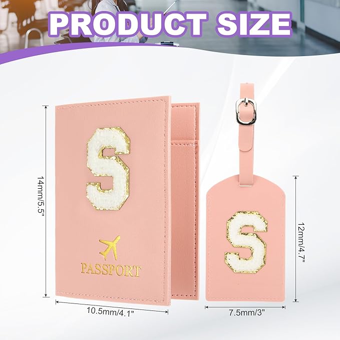 PATIKIL Passport Holder for Travel, Initial Passport Cover and Luggage Tag Set with Alphabet Chenille Letter Patch Travel Wallet Bag Suitcase Identifier for Women Family Travel Pink S