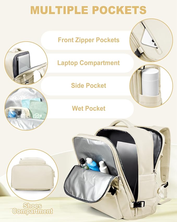 VECAVE Travel Backpack for Women, Airline Flight Approved Carry On Backpacks Waterproof 14 Inch Laptop Backpack with Shoe Compartment Casual Daypack Beige