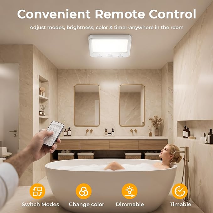 TANBABY Rechargeable Motion Sensor Ceiling Light, Wireless Remote, 4-Pack | Wireless LED Shower Light, 8000mAh Battery Long Lasting Closet Light, 3 Color Dimmable, Timer, No Wiring for Hallway Pantry