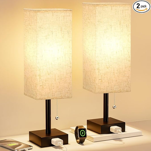 Bedside Lamp for Bedroom Set of 2 - Small Table Lamp for Nightstand | AC Outlet, 3 Color Temperatures, LED Bulb Included, Pull Chain Design, 14" Rectangular Desk Lamp for Dorm/Office, 2-Pack