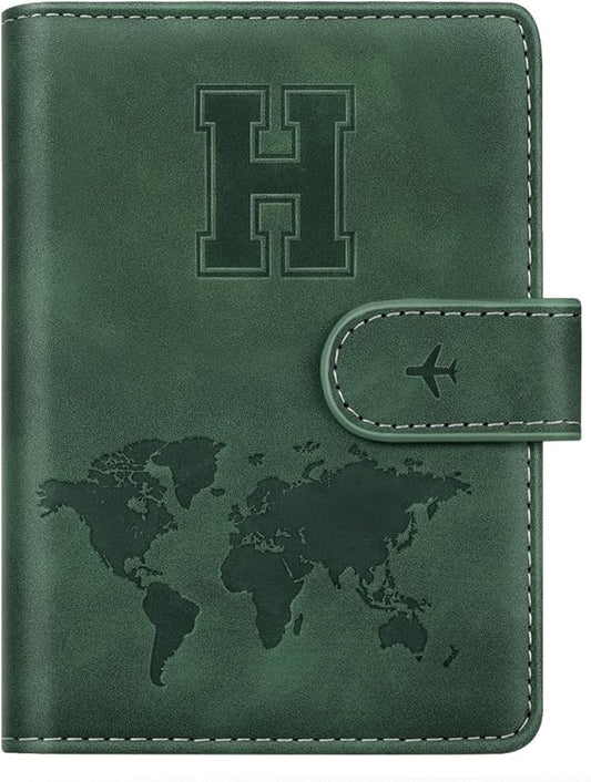 Personalized H Passport Holder Cover Initial Letter Travel Wallet RFID Blocking Passport Cover Credit Card Holder Case Passport Book Holders for Women and Men, Pine Green-H
