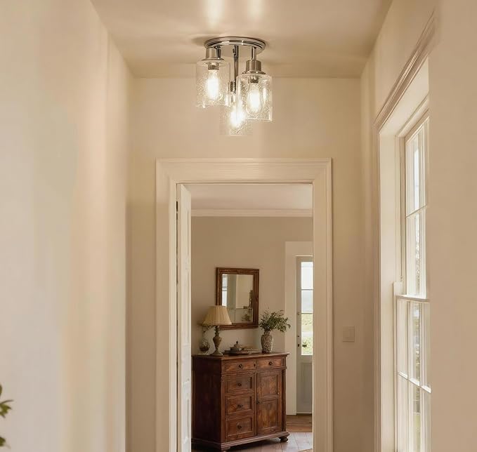 Semi Flush Mount Ceiling Light, 3-Light Close to Ceiling Light Fixtures, Electroplating Chrome Finish with Clear Seeded Glass Shade Chandelier Lighting for Stairs Porch Hallway Entryway Kitchen