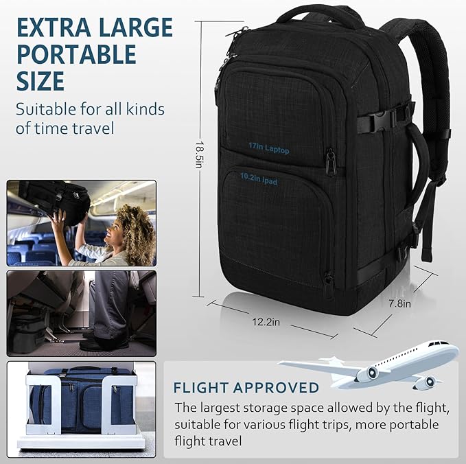 Dinictis Travel Backpack Carry on Flight Approved, Backpack Suitcase for Travel, Personal Item Travel Bag fits 17 inch Laptop-Black