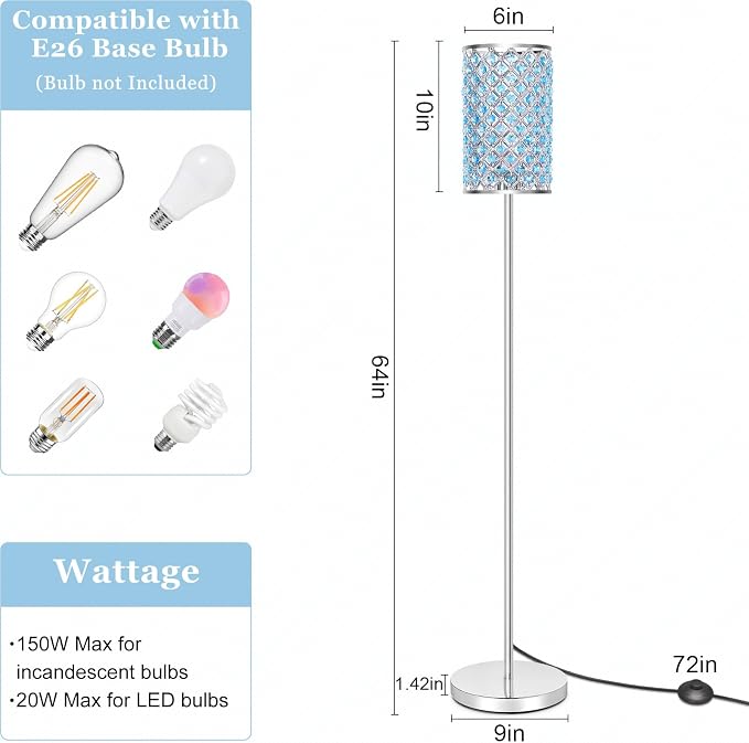 Crystal Floor Lamp, Silver Tall Pole Lamp with Teal Shade and Pedal Switch | Elegant Standing Light, Tall Pole Girls Lamp for Living Room Bedroom Dresser Office, E26 Base