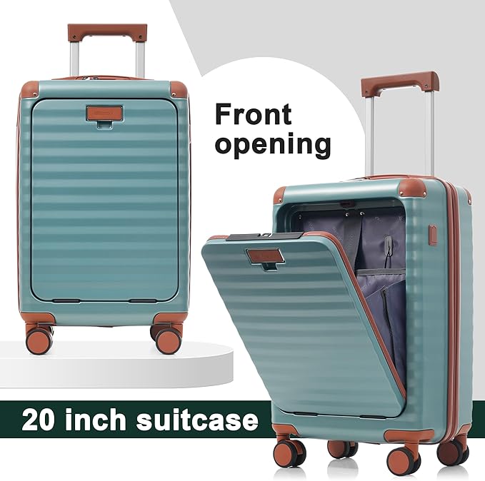 Merax Luggage Sets Front Opening, 3 Piece Hardshell Suitcase with Spinner Wheels and Bags,Lightweight Carry on Luggage with USB Port and Cup Holder,20+24+28,Blue Green