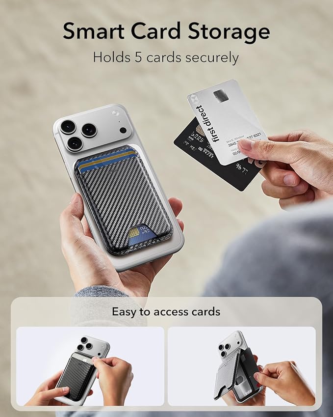 ESR for MagSafe Wallet Stand, RFID Blocking, MagSafe Ring Included, 5 Card Holder for Phone, Magnetic Wallet for iPhone 17e/17/16/15/14/13/12 Series (Not for Mini), Selected Samsung,Black Carbon Fiber