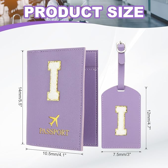 PATIKIL Passport Holder for Travel, Initial Passport Cover and Luggage Tag Set with Alphabet Chenille Letter Patch Travel Wallet Bag Suitcase Identifier for Women Family Travel Purple I
