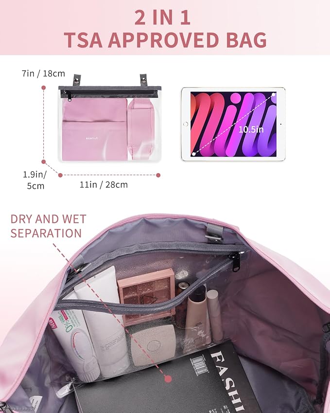 ECOHUB Travel Duffel Bag, Water Resistant Weekender Bag Carry On Bags for Women, Sport Gym Bags for Men, Hospital Bag for Labor and Delivery, Overnight Bag Luggage Bag with Trolley Sleeve 30L Pink