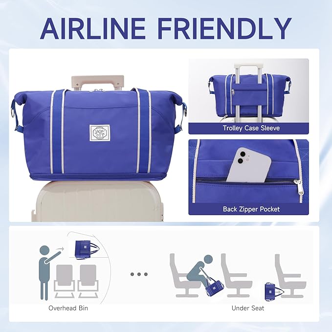 WALNEW Travel Duffel Bag, Weekender Overnight Carry On Bag for Women Men, Foldable Waterproof Gym Luggage Duffle Bag with Metal Buckle Detachable Shoulder Strap and Wet Compartment (Klein Blue)