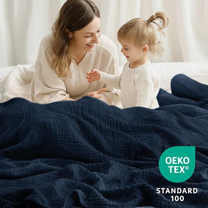 100% Cotton Muslin Blanket 40" x 40", Breathable and Lightweight Cotton Throw Blankets, Soft Cooling Summer Gauze Blanket for All Season, Navy Blue