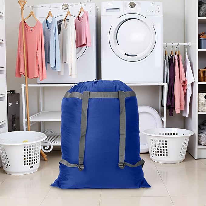 Laundry Bag Backpack, 27” x 34”Sturdy Laundry Bag with Shoulder Straps Drawstring Closure Heavy Duty Foldable Laundry Backpack for College, Travel, Laundromat, Apartment (blue)