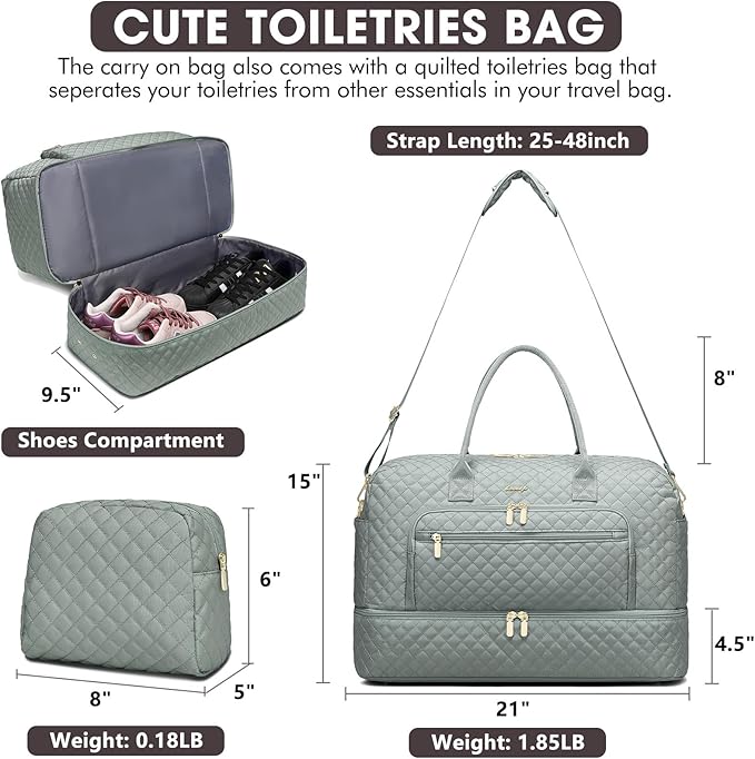 Travel Duffle Bag Weekender for Women - 38L Carry-On Overnight Personal Item Bag with Shoe Compartment & Wet Pocket Weekend Tote Bags with Toiletry Hospital Bags for Labor and Delivery