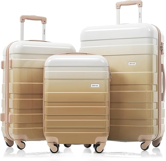 Merax 3 Piece ABS Hardshell Luggage Sets Spinner Wheel Suitcase TSA Lock Suit Case, Tan, 20/24/28 Inch
