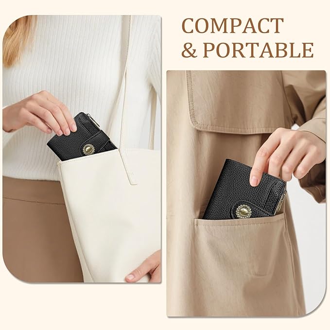 Icycay Black Small Wallet Women RFID Blocking Bifold, Credit Card Holder, Zipper Coin Pocket, PU Leather, Compact, Travel, 4 ID Window, 14 Card Slots, Cash Purse, Ladies Woman Female Girls