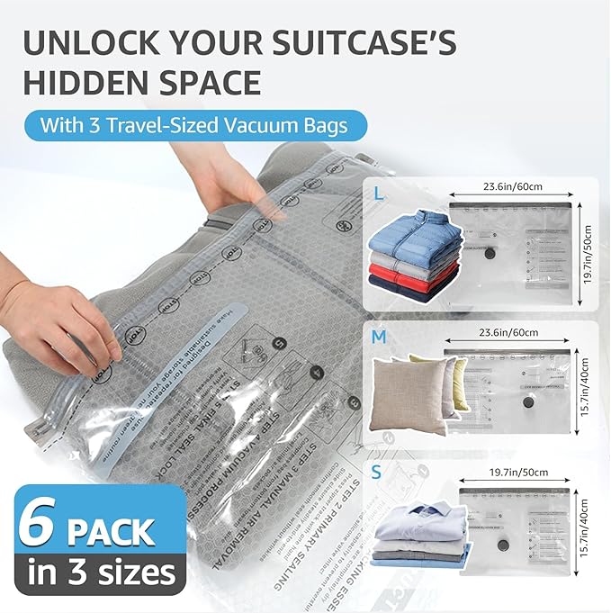6 Packs Vacuum Bags for Travel with Rechargeable Pump, 3 Sizes Vacuum Seal Bags for Clothing, Compression Vacuum Travel Bags for Luggage, Vacuum Packing Bags for Closet Organization