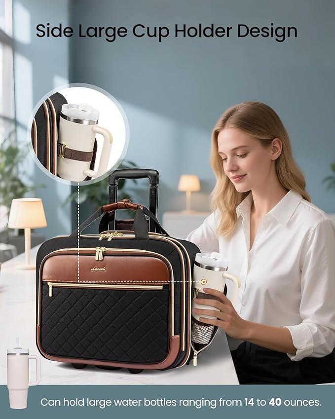 LOVEVOOK Rolling Laptop Bag Women, 17.3 Inch Laptop Briefcase with Wheels, Soft Sided Underseat Carry On Luggage Personal Item Suitcase for Work Travel Business, Black Brown