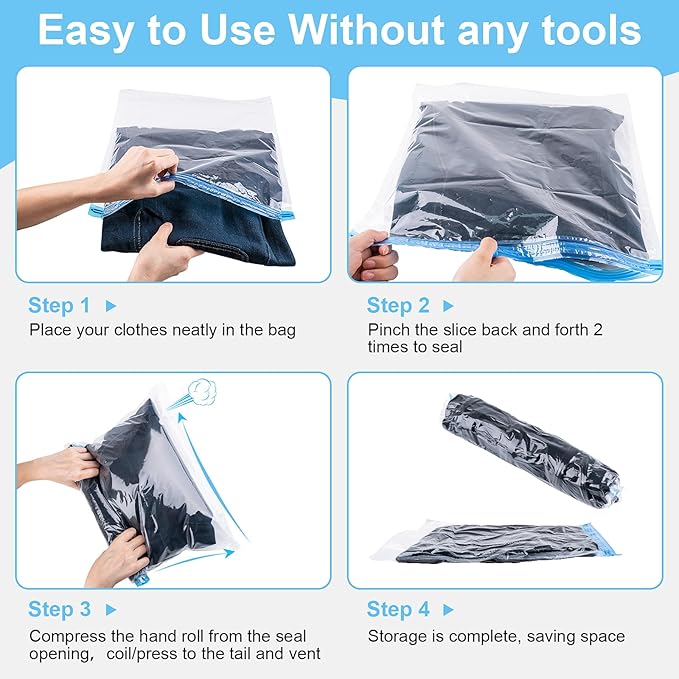 10 PCS Compression Bags for Travel Essentials, 3 Sizes Space Saver Bags, No Vacuum or Pump Needed, Roll Up Vacuum Packing for Clothing Storage, Cruise Accessories, Luggage & Home Organizers
