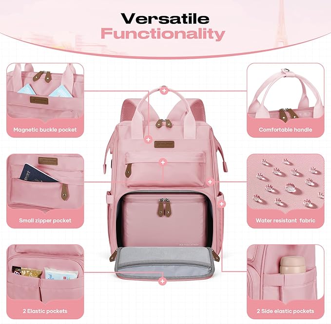Maelstrom Travel Backpack for Women Men,Laptop Backpack Fits 15.6-17.3 Inch Laptop, Nurse/Work Bag with Insulated Lunch Box (Pink)