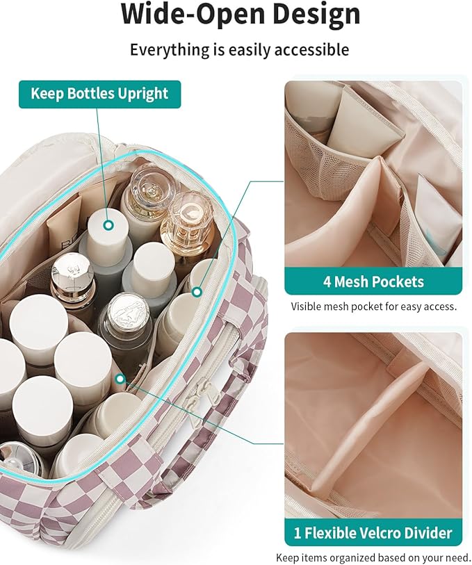 Narwey Checkered Travel Toiletry Bag for Women Large Makeup Bag, Wide-open Cosmetic Make Up Organizer with Handle, Travel Bag for Toiletries, Essentials, Accessories (Dusty Pink Checkerboard)