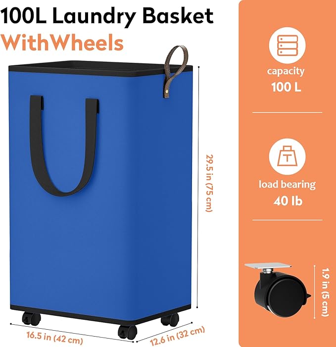 Laundry Basket with Wheels, Collapsible Laundry Baskets, Laundry Hamper with Handles Detachable Wheels, Rolling Laundry Basket, Dirty Clothes Hamper for Bathroom, Dorm, Bedroom, Blue, 100L
