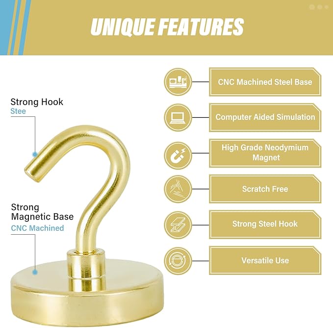 Neosmuk Magnetic Hooks Heavy Duty,Strong Magnet with Hook for Fridge, Super Neodymium Extra Strength Industrial Hooks for Hanging, Magnetic Hanger for Toolbox, Cruise, Grill(Gold,6 Pack)