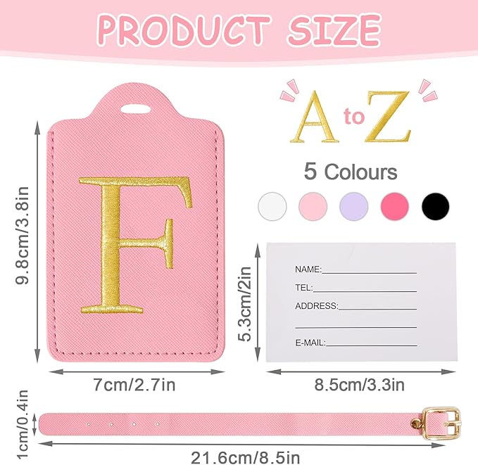 Initial Letter Luggage Tags for Suitcases, Embroidered Monogrammed Suitcase Luggage Identifier Name Tag, PU Leather TSA Approved Luggage Tags, Bag Tags for Men Women Kids Luggage Handbags(Pink F)