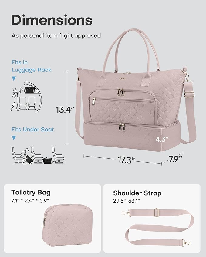 HOTOR Travel Duffle Bag for Women - Carry on Bag with Toiletry Pouch & Shoe Compartment, Large Overnight Weekender Bags for Gym, Business Trips, Sports and Hospital, Pink, 17.3" x 7.9" x 13.4"