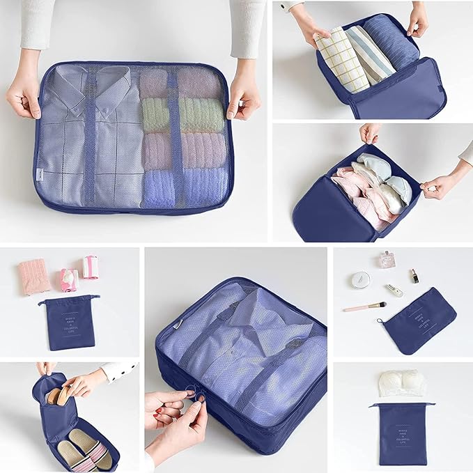 8 Set Packing Cubes for Suitcases Travel Luggage Packing Organizers,Travel Essentials Accessories Luggage Organizer with Shoe Bag Tioletry/Laundry Bag（Dark Blue）